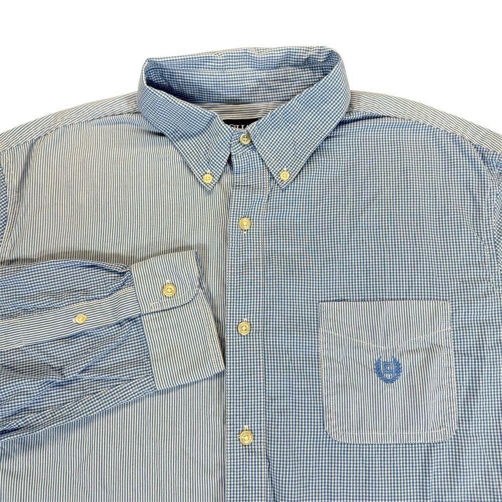 Chaps Shirt Sz XL Mens Blue White Striped Check Button Up Easy Care Mixed Patt